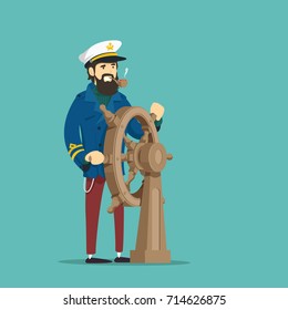 Captain at the helm. Vector illustration.
