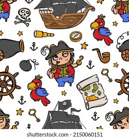 CAPTAIN HOOK And Black Sails Cartoon Hand Drawn Seamless Pattern Vector Illustration On White Background With Various Sea Attributes Fairy Tale For Print