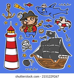 CAPTAIN HOOK AND LIGHTHOUSE Pirate Sailboat With Black Sails Hand Drawn Cartoon Stickers Sea Attributes And Objects Vector Illustration Set For Design And Print