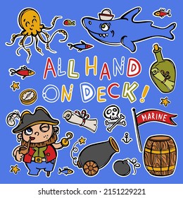 CAPTAIN HOOK AND SHARK Skull And Barrel Hand Drawn Text Cartoon Pirate Stickers Clipart Sea Attributes And Objects Vector Illustration Set For Design And Print