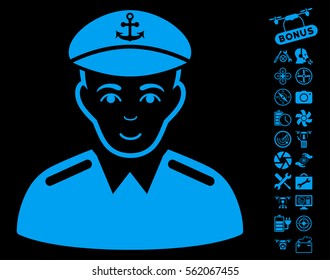 Captain icon with bonus aircopter tools clip art. Vector illustration style is flat iconic blue symbols on black background.