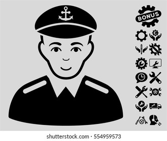Captain icon with bonus options design elements. Vector illustration style is flat iconic black symbols on light gray background.