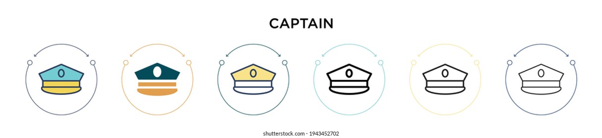 Captain icon in filled, thin line, outline and stroke style. Vector illustration of two colored and black captain vector icons designs can be used for mobile, ui, web