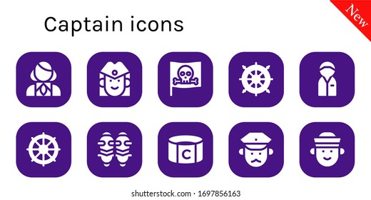 captain icon set. 10 filled captain icons.  Simple modern icons such as: Stewardess, Pirate, Helm, Policeman, Shin guards, Captain, Sailor