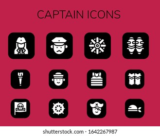 captain icon set. 12 filled captain icons. Included Stewardess, Wooden leg, Pirate, Policeman, Sailor, Helm, Shin guards icons
