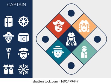 captain icon set. 13 filled captain icons. Included Stewardess, Shin guards, Helm, Wooden leg, Policeman, Pirate, Captain, Sailor icons