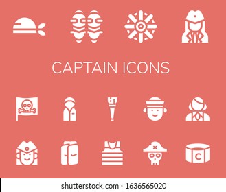 captain icon set. 14 filled captain icons.  Simple modern icons such as: Pirate, Shin guards, Helm, Stewardess, Policeman, Sailor, Wooden leg, Captain