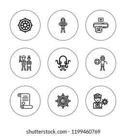 captain icon set. collection of 9 outline  captain icons with eye patch, helm, kraken, pirates, pirate icons. editable icons.
