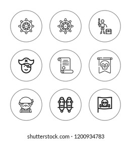 captain icon set. collection of 9 outline  captain icons with pirate, rudder, shin guards icons. editable icons.