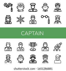 conjunto de iconos del capitán. Colección de Binoculares, azafata, capitán, Helm, Chauffeur, marinero, piloto, bollard, policía, soldado, barco en los iconos de una botella