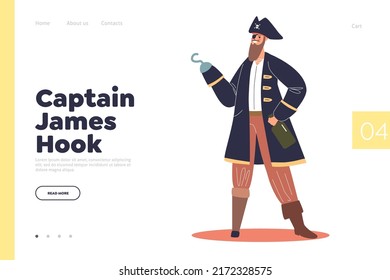 Captain James Hook concept of landing page with pirate with bottle of rum, patch on eye and hook hand. Buccaneer, sailor cartoon character. Medieval sea dog, boatswain. Vector illustration