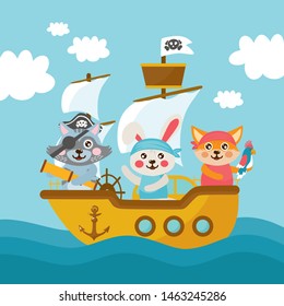 The captain lion sails on a pirate ship at sea. Sea landscape and pirate ship illustration. Cute baby fox, rabbit and raccoon in a pirate suit.