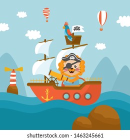 The captain lion sails on a pirate ship at sea. Sea landscape and pirate ship illustration. Cute baby lion in a pirate suit.
