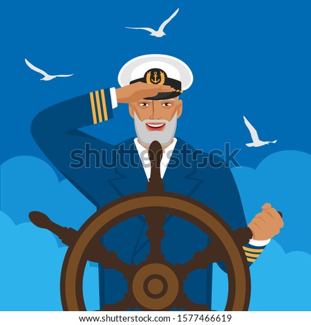 Captain looks into distance standing at helm of boat