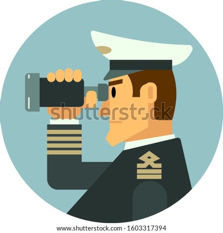 The captain looks through binoculars