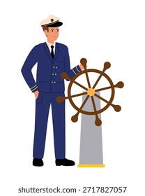 Capitão. Homem em azul capitães uniforme segurando a roda de navios. Ilustração de vetor plano da coleção Professions