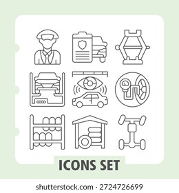 Capitán hombre con sombrero, estante de neumáticos iconos simples con objetos de la vida diaria y actividades sobre fondo blanco. Viajes, seguridad, red, coche. Conjunto de nueve iconos de línea delgada