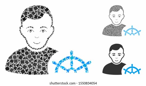 Captain mosaic of abrupt parts in variable sizes and shades, based on captain icon. Vector abrupt parts are united into composition. Captain icons collage with dotted pattern.
