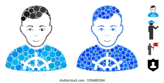 Captain mosaic of filled circles in variable sizes and color tones, based on captain icon. Vector filled circles are combined into blue composition. Dotted captain icon in usual and blue versions.