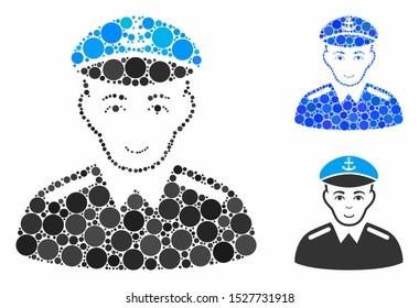 Captain mosaic of round dots in various sizes and color hues, based on captain icon. Vector round dots are combined into blue illustration. Dotted captain icon in usual and blue versions.