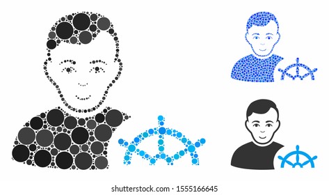 Captain mosaic of spheric dots in different sizes and color tones, based on captain icon. Vector dots are composed into blue mosaic. Dotted captain icon in usual and blue versions.