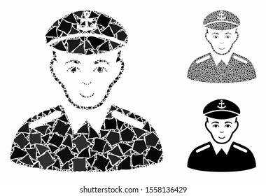 Captain mosaic of tremulant items in variable sizes and color tints, based on captain icon. Vector inequal items are combined into collage. Captain icons collage with dotted pattern.