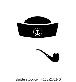 Captain mustache pipe design element. Sailor cap icon, logo on white background
