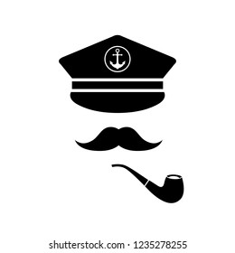 Captain mustache pipe design element. Sailor cap icon, logo on white background