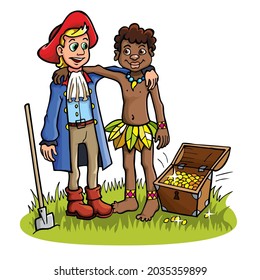 The captain and the native found a treasure of gold coins in a chest, dug it out with a shovel and are very happy
