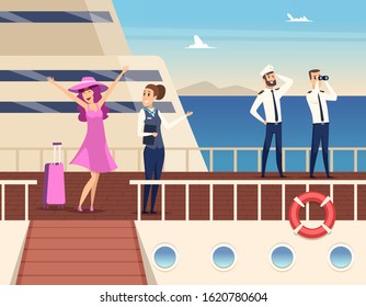 Captain on the sea ship. Sailor cruise team boat officer and stuart travel vector concept background