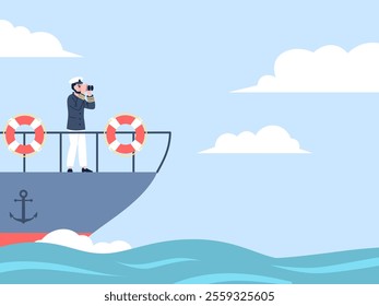 Captain on ship. Cruise yacht, travel ship or tanker in open sea or ocean. Seaman in uniform looking in binocular. Leadership, occupation recent vector scene