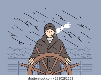 Captain in outerwear standing at ship steering wheel smoking pipe. Smiling man sailing in ocean in storm. Marine life. Vector illustration. 