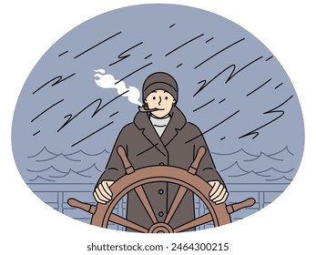 Captain in outerwear standing at ship steering wheel smoking pipe. Smiling man sailing in ocean in storm. Marine life. Vector illustration.