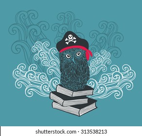 Captain owl with adventure books. Vector illustrated print.