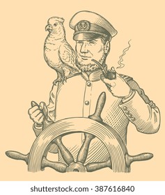 Captain with parrot on his shoulder. Hand drawn engraving. Vector vintage illustration. Isolated on color background. 8 EPS