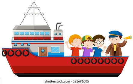 Captain and passengers on the ship illustration