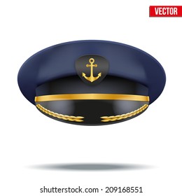 Captain peaked cap with gold anchor on cockade. Vector illustration isolated on white background. 