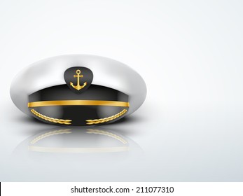 Captain peaked cap with gold anchor on cockade. Vector illustration isolated on white background. 