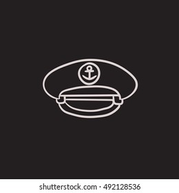 Icono de boceto vectorial de la tapa máxima del capitán aislado en el fondo. Dibujó mano Capitán icono de la gorra. Icono de boceto máximo del capitán para infografía, sitio web o aplicación.