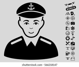 Captain pictograph with bonus aircopter tools pictograms. Vector illustration style is flat iconic black symbols on light gray background.
