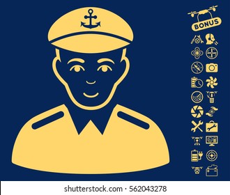 Captain pictograph with bonus airdrone tools pictures. Vector illustration style is flat iconic yellow symbols on blue background.