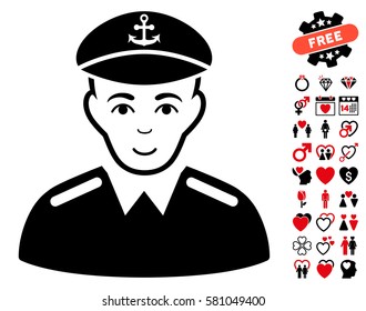 Captain pictograph with bonus dating pictures. Vector illustration style is flat iconic intensive red and black symbols on white background.