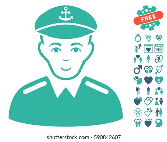 Captain pictograph with bonus marriage pictures. Vector illustration style is flat iconic cobalt and cyan symbols on white background.