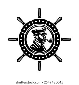 Captain with pipe side view, inside rudder wheel vector black illustration on white background