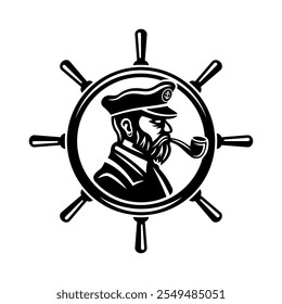 Captain with pipe side view, inside rudder wheel vector black illustration on white background