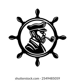 Captain with pipe side view, inside rudder wheel vector black illustration on white background