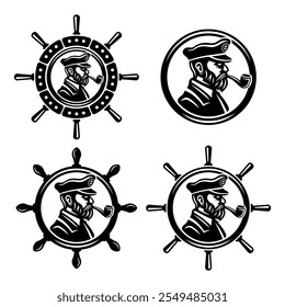 Captain with pipe side view and rudder wheel set of vector black objects on white background