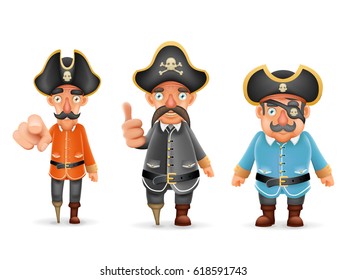 Captain Pirate Funny Pointing Thumbs Up Realistic Cartoon Characters Set Design Isolated Vector Illustration