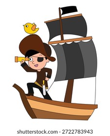 Capitão pirata segurando uma ilustração vetorial binocular