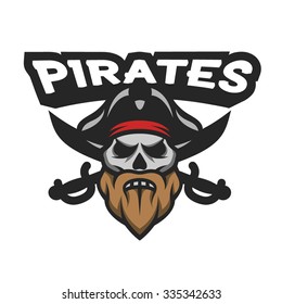 Captain Pirate Skull and crossed sabers badge, logo, emblem.